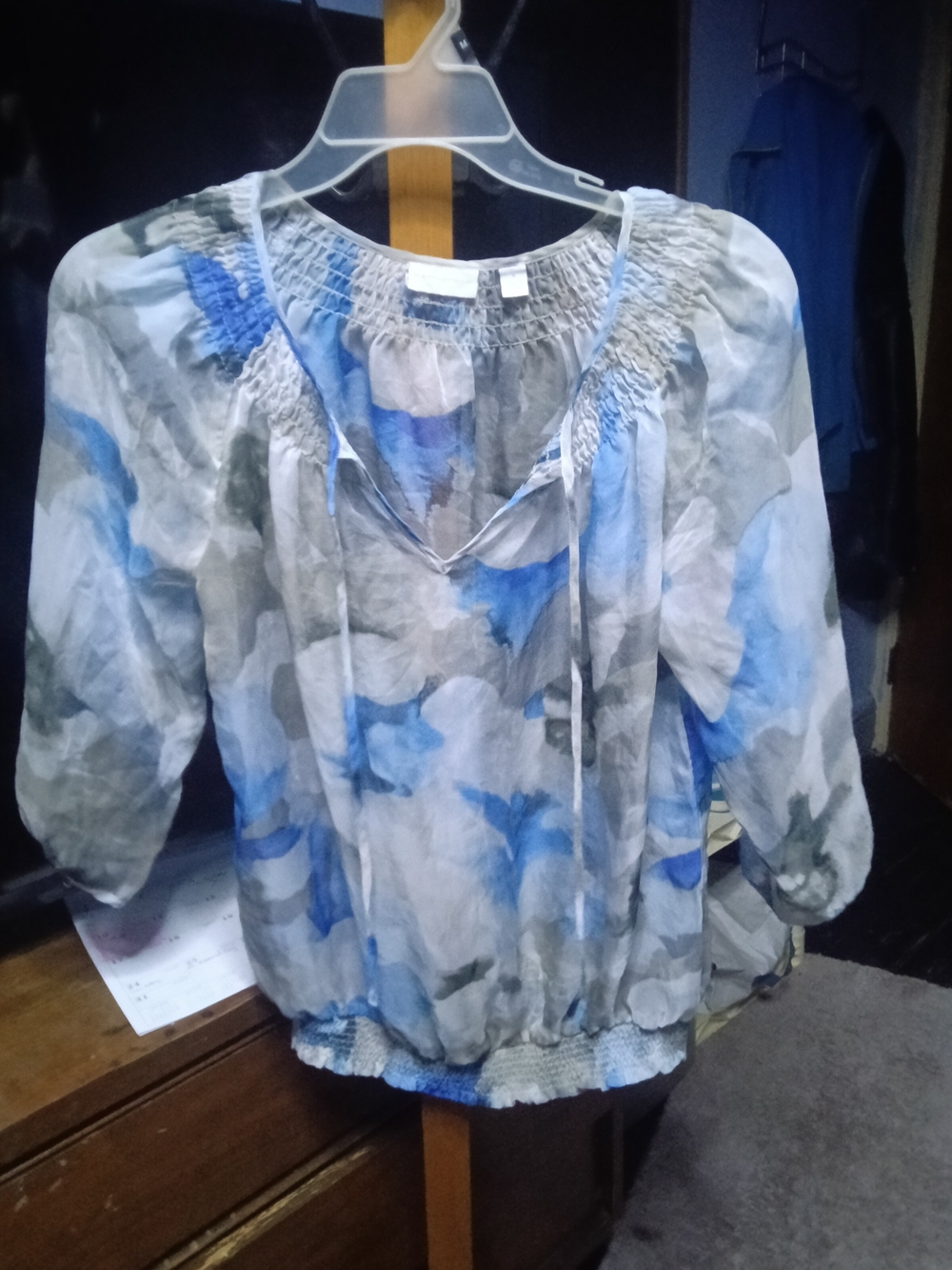 New York & Company Blue and Gray Floral Peasant Blouse